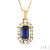 5x3 MM Octagonal Shape Sapphire and 1/20 Ctw Single Cut Diamond Halo Precious Pendant with Chain in 14K Yellow Gold